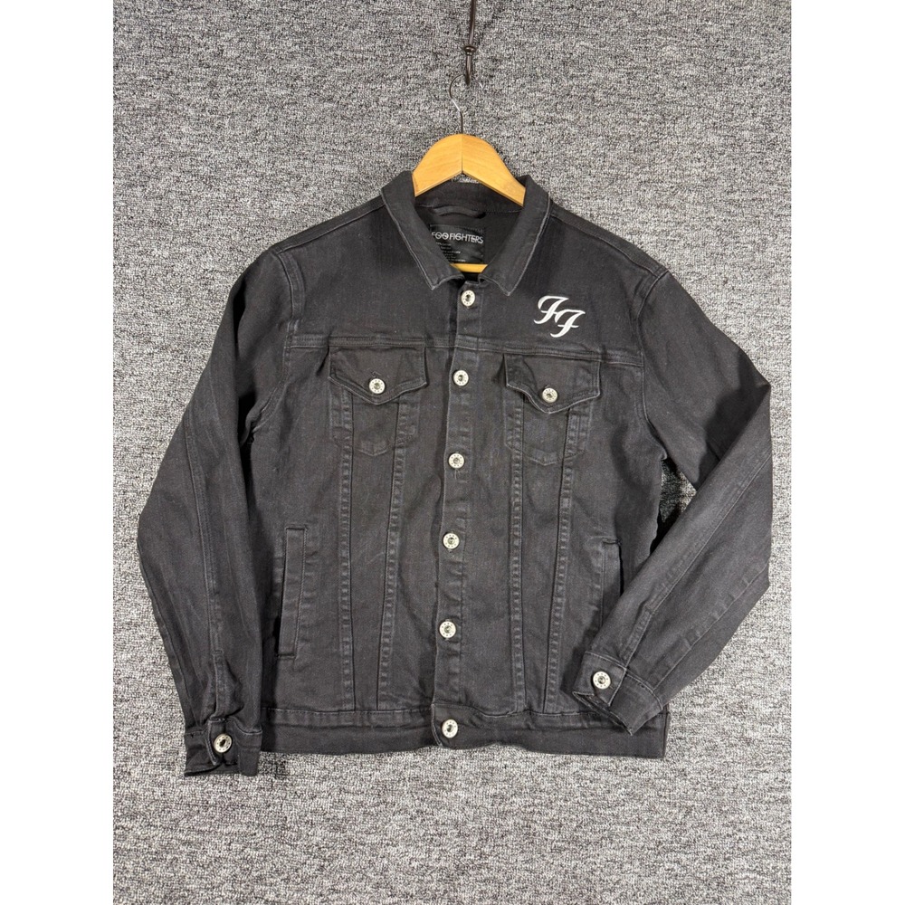 Foo Fighters Black Denim Trucker Jacket Embroidered Lightning Bolt‎ Mens Medium